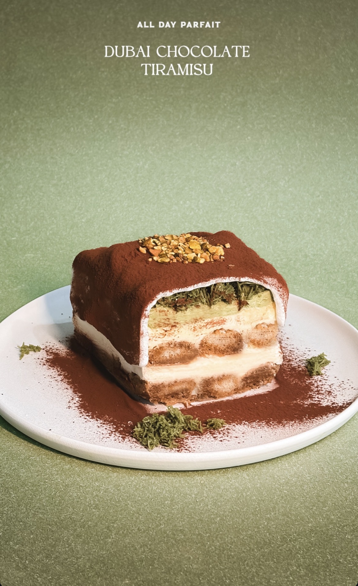 Whole Dubai Chocolate Tiramisu from the merchant's Instagram Story